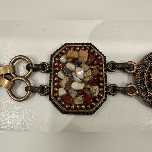 Vintage BELT Mosaic Stone Link ~ Antique Brass Octagon & Circle Boho ~ EUC - Picture 6 of 16